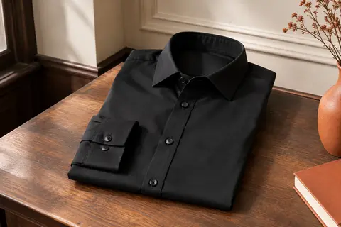 Chemise habillée noire en coton à manches longues présentée à plat dans un intérieur sobre.