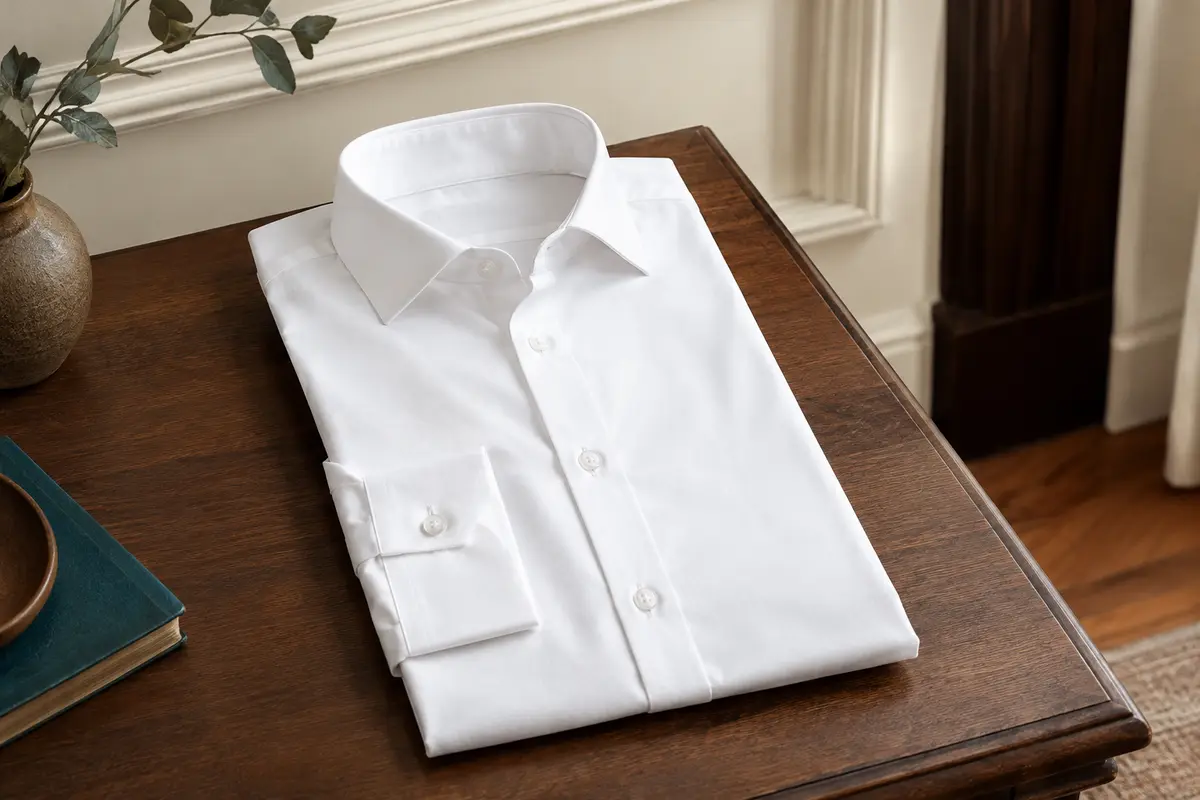 Chemise habillée blanche pour homme à manches longues et coupe ajustée, présentée à plat sur fond ivoire.