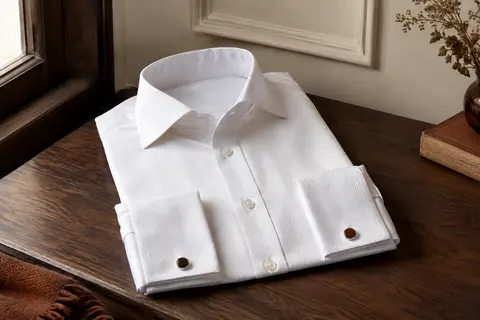 Chemise blanche en coton à motif chevrons, col italien et poignets mousquetaires présentée à plat.