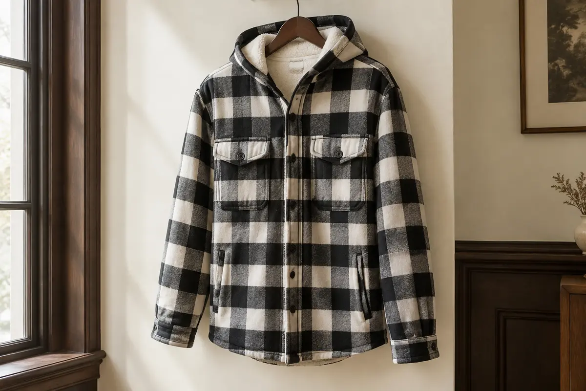 Surchemise homme à carreaux noir et blanc avec capuche, quatre poches et doublure en peluche