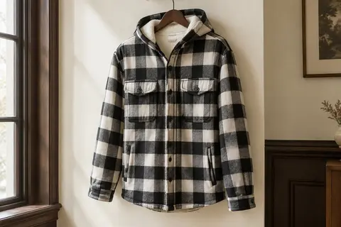 Surchemise homme à carreaux noir et blanc avec capuche, quatre poches et doublure en peluche