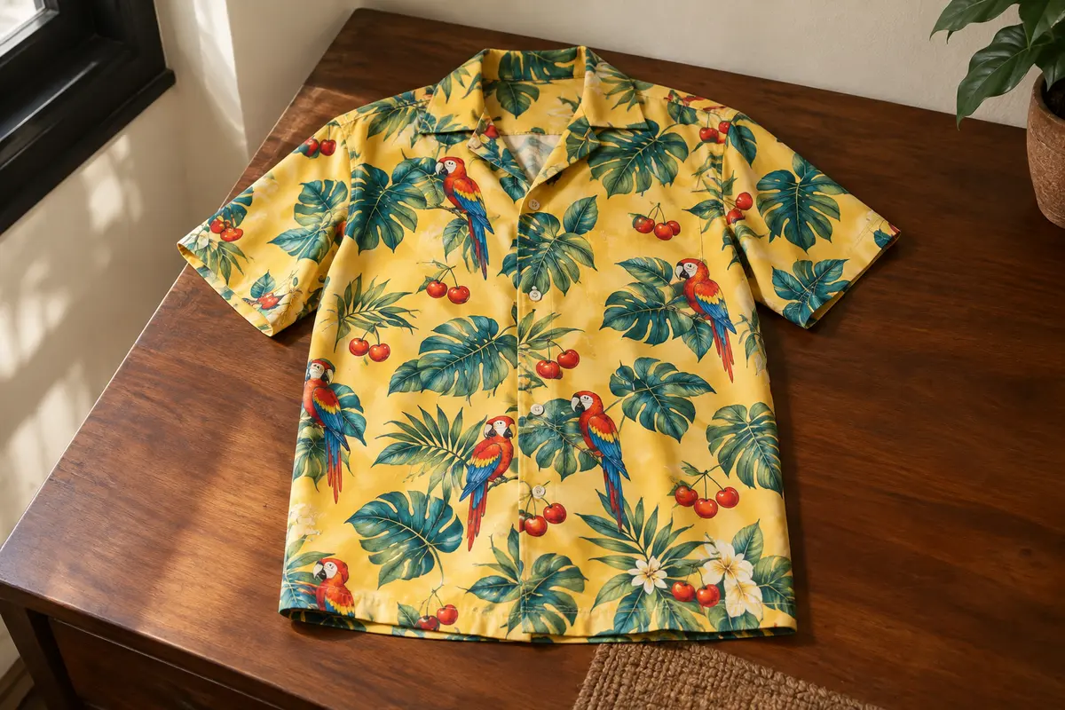 Chemise hawaïenne jaune à manches courtes, imprimée de perroquets, de cerises et de feuilles tropicales