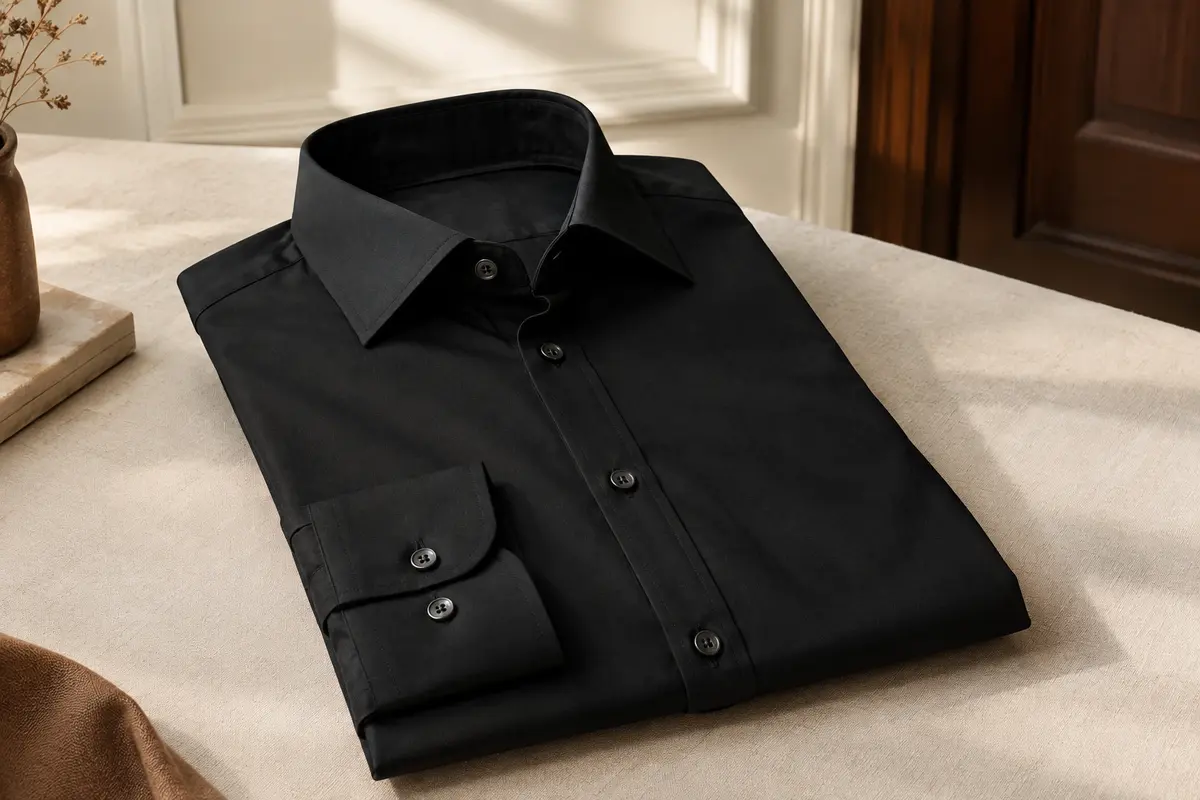 Chemise homme noire à manches longues et coupe slim présentée à plat dans un intérieur sobre