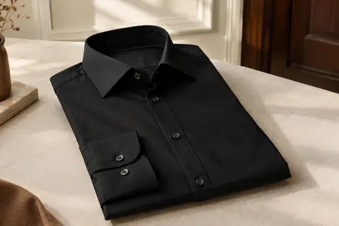 Chemise homme noire à manches longues et coupe slim présentée à plat dans un intérieur sobre