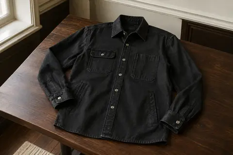 Chemise de travail en denim de coton noir, présentée à plat avec ses boutons et ses poches visibles