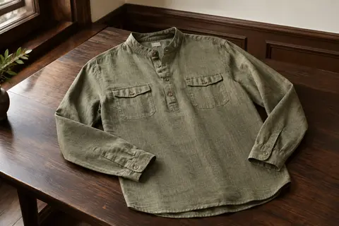 Chemise Henley kaki à manches longues en coton et lin, présentée à plat sur un fond sobre
