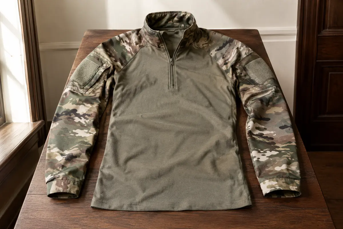 Chemise tactique à manches longues en camouflage, avec zip quart de tour et poches placées sur les épaules.