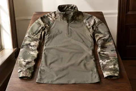 Chemise tactique à manches longues en camouflage, avec zip quart de tour et poches placées sur les épaules.