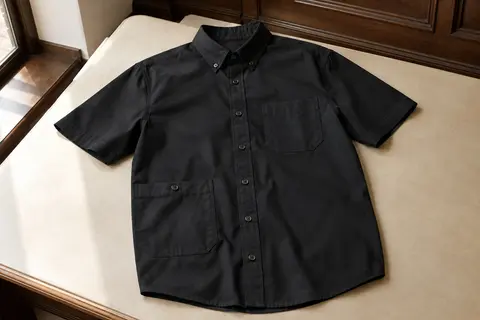 Chemise de travail noire à manches courtes, avec col boutonné, fermeture sur le devant et poches.