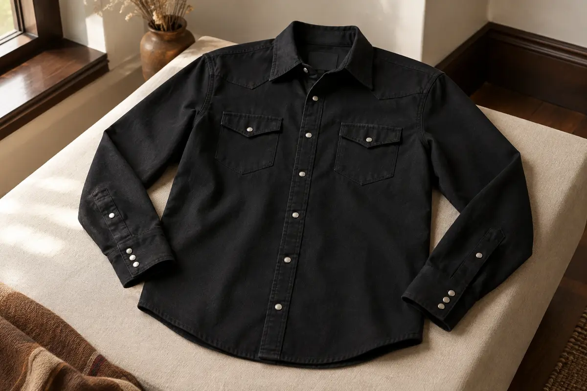 Chemise western noire à manches longues, avec deux poches poitrine boutonnées et poignets réglables