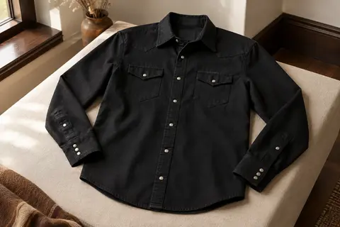 Chemise western noire à manches longues, avec deux poches poitrine boutonnées et poignets réglables