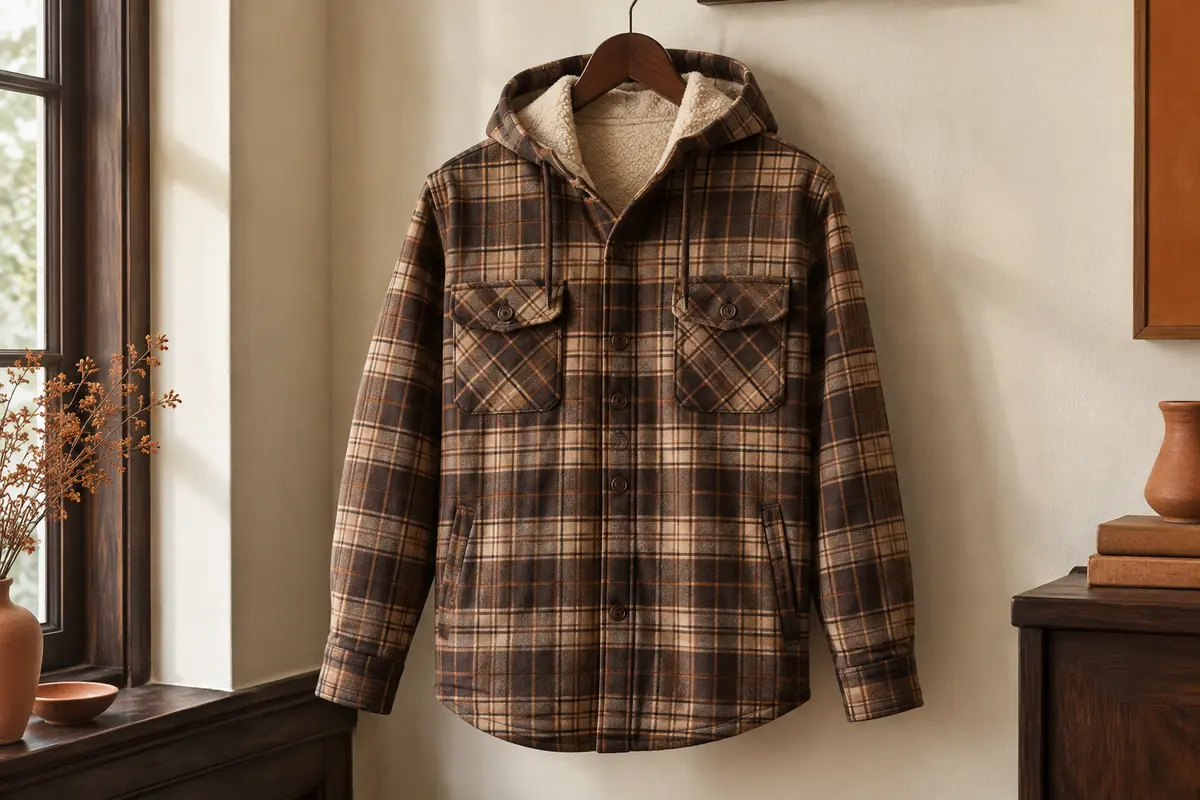 Surchemise homme à carreaux bruns avec capuche, boutons et doublure sherpa présentée sur un cintre