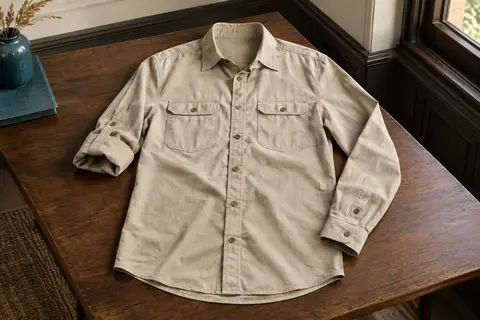 Chemise outdoor beige à manches longues, avec boutons et deux poches poitrine, présentée à plat.