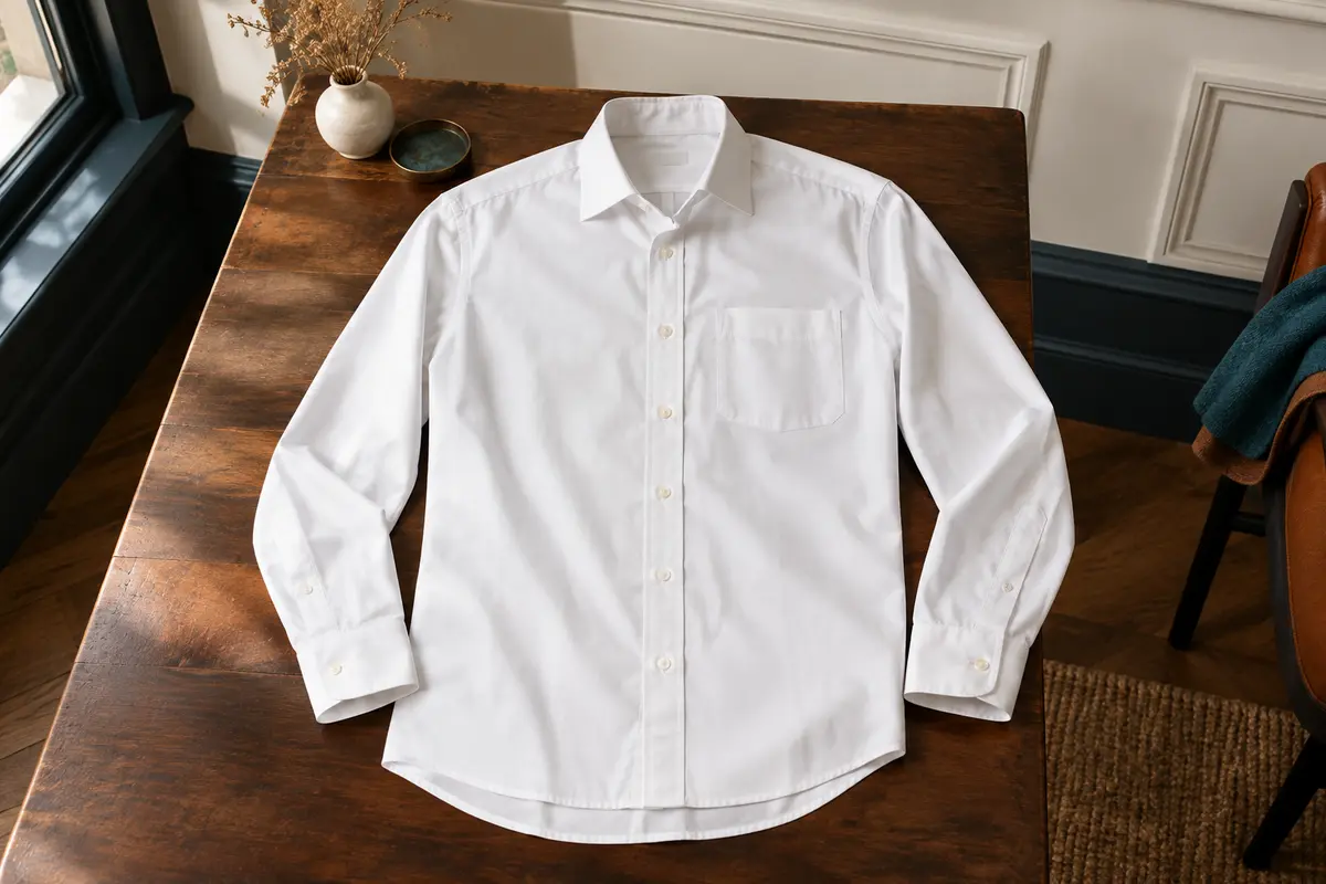 Chemise blanche à manches longues, col italien et poche poitrine, présentée à plat dans un intérieur sobre.