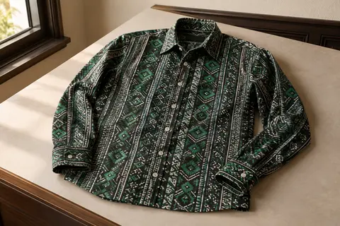 Chemise homme à manches longues en coton et lin, avec motif traditionnel noir et vert