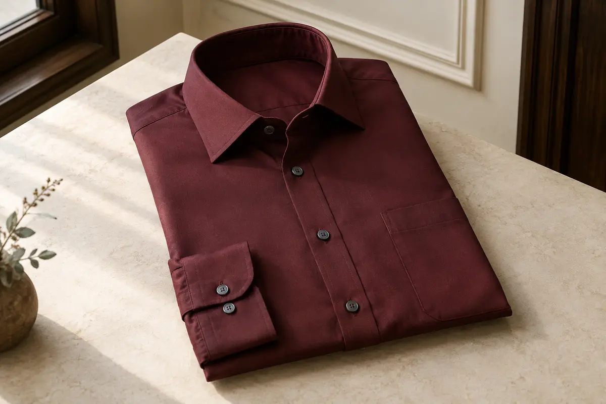 Chemise habillée homme à manches longues, coupe ajustée et poche, présentée à plat dans un intérieur sobre