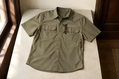 Chemise outdoor kaki à manches courtes avec deux poches poitrine et détails pratiques pour la pêche.