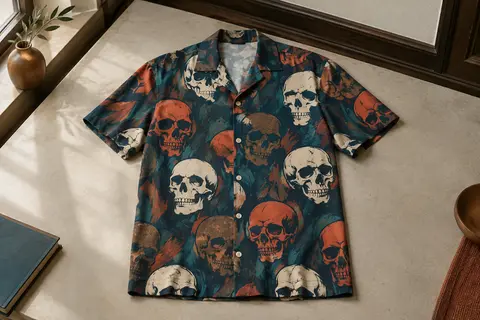 Chemise pour homme à manches courtes avec un imprimé graphique de crâne coloré, présentée à plat