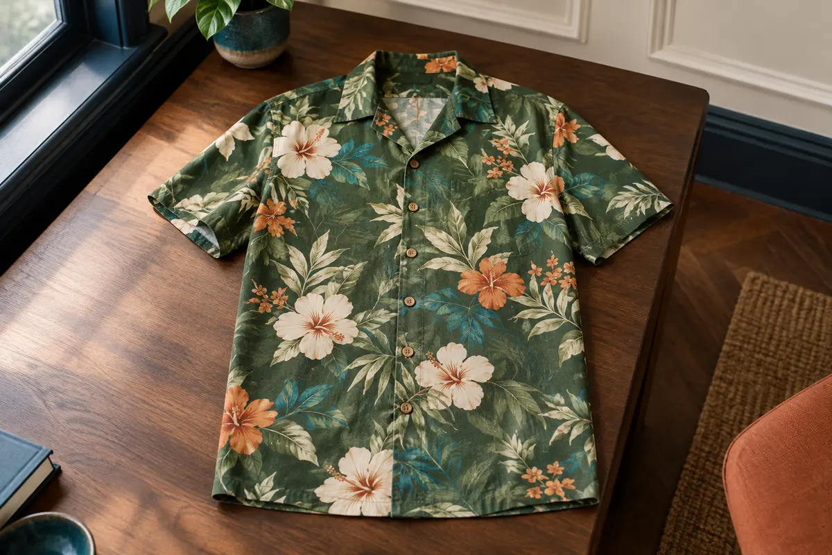 Chemise hawaïenne verte à manches courtes, boutonnée et ornée d’un imprimé floral tropical, présentée à plat.