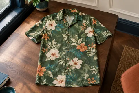 Chemise hawaïenne verte à manches courtes, boutonnée et ornée d’un imprimé floral tropical, présentée à plat.
