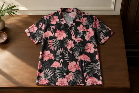 Chemise hawaïenne rose et noire à manches courtes, imprimé floral, boutons et poche poitrine gauche.