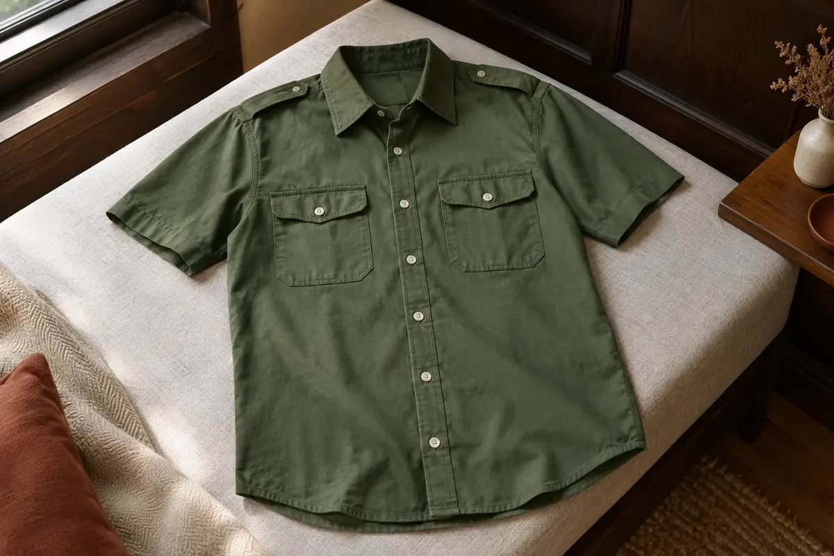 Chemise homme verte à manches courtes, avec col Kent, grandes poches poitrine et détails workwear.