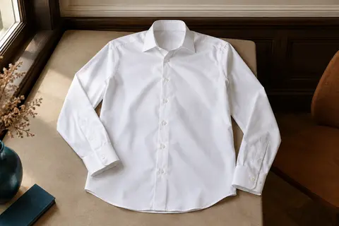 Chemise blanche pour homme en coton, présentée à plat avec col Kent et poignets visibles