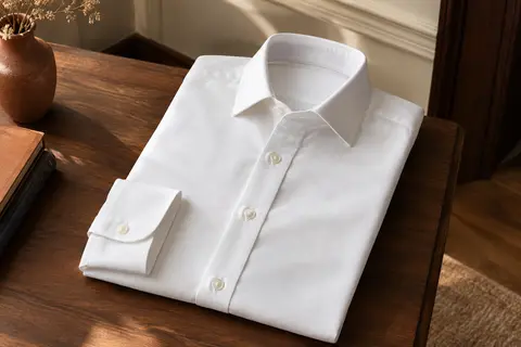 Chemise business blanche en coton présentée à plat, avec col Kent, manches longues et poignets à revers