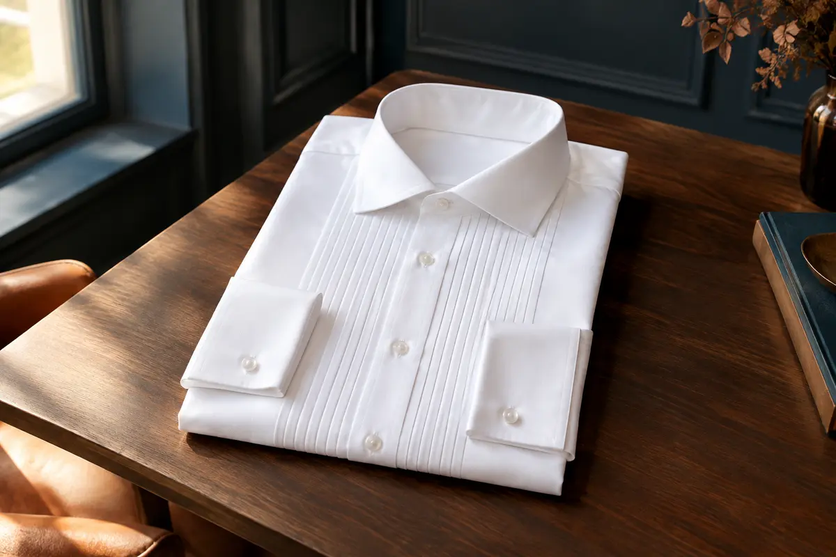 Chemise de smoking blanche en coton présentée à plat, avec son devant plissé visible dans un intérieur sobre.