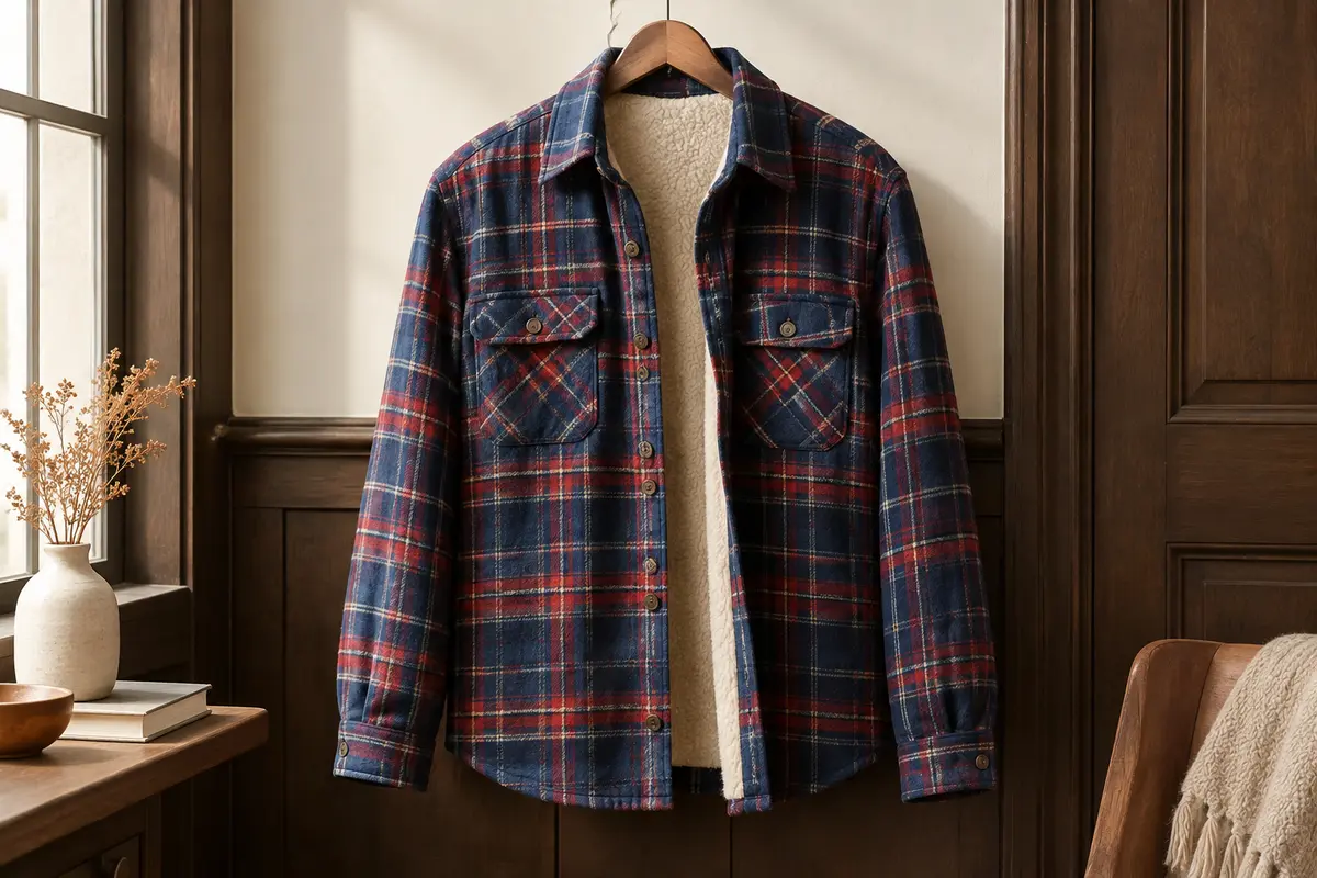 Surchemise homme à carreaux bleu et rouge avec doublure polaire, col de chemise et poches poitrine boutonnées