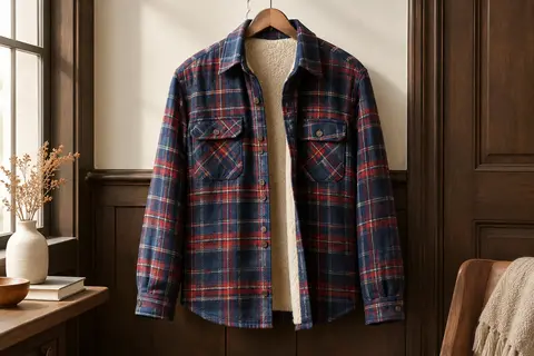 Surchemise homme à carreaux bleu et rouge avec doublure polaire, col de chemise et poches poitrine boutonnées