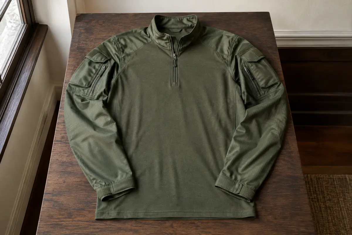 Chemise outdoor verte à manches longues, poches d’épaule et poignets réglables, présentée à plat