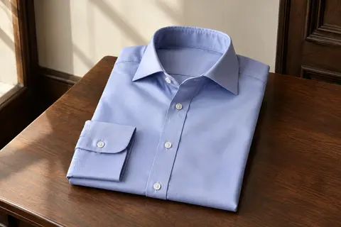 Chemise homme bleu lavande à manches longues, présentée à plat avec son col semi-italien et ses poignets boutonnés visibles.