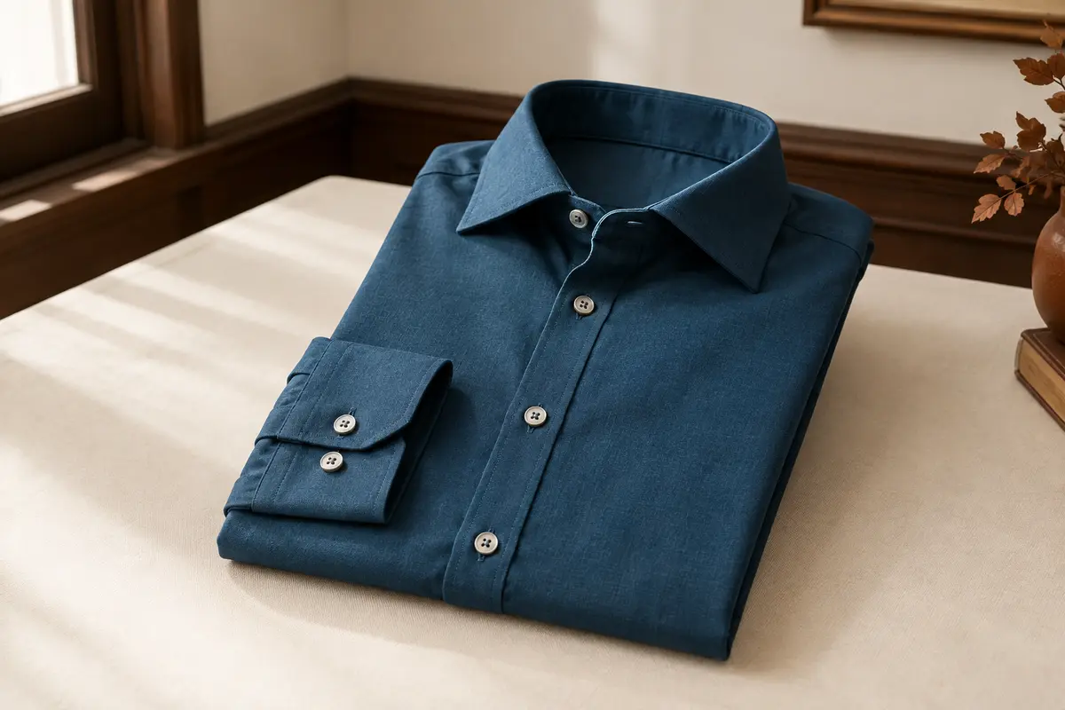 Chemise habillée bleue à manches longues, présentée à plat dans un intérieur sobre aux boiseries foncées.