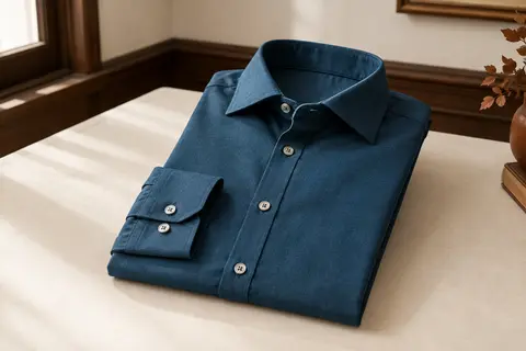 Chemise habillée bleue à manches longues, présentée à plat dans un intérieur sobre aux boiseries foncées.