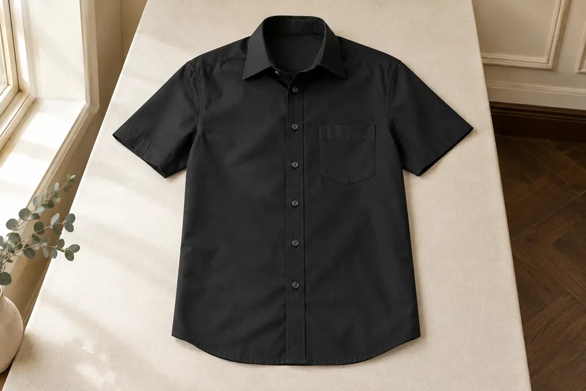 Chemise homme noire à manches courtes, avec col renforcé et poche poitrine, présentée à plat dans un intérieur sobre.
