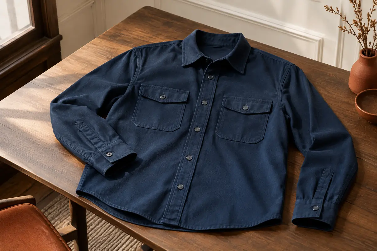 Chemise de travail en sergé bleu marine présentée à plat, avec manches longues et deux poches poitrine.