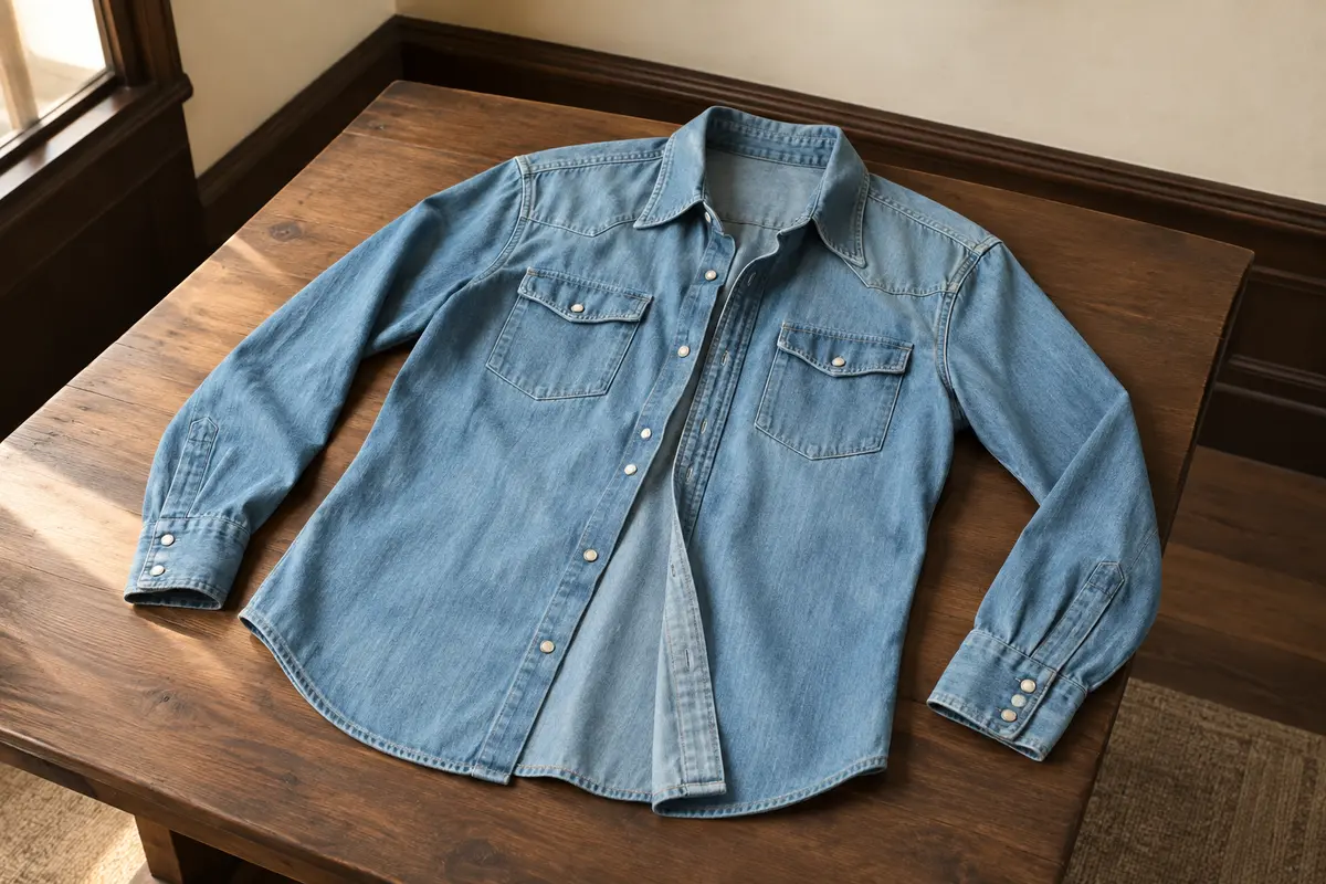 Chemise western pour homme en coton bleu clair délavé, présentée à plat dans un intérieur sobre