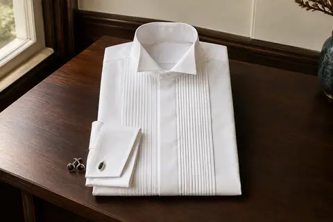 Chemise de smoking blanche à col cassé, plastron plissé et poignets doubles avec boutons de manchette en métal