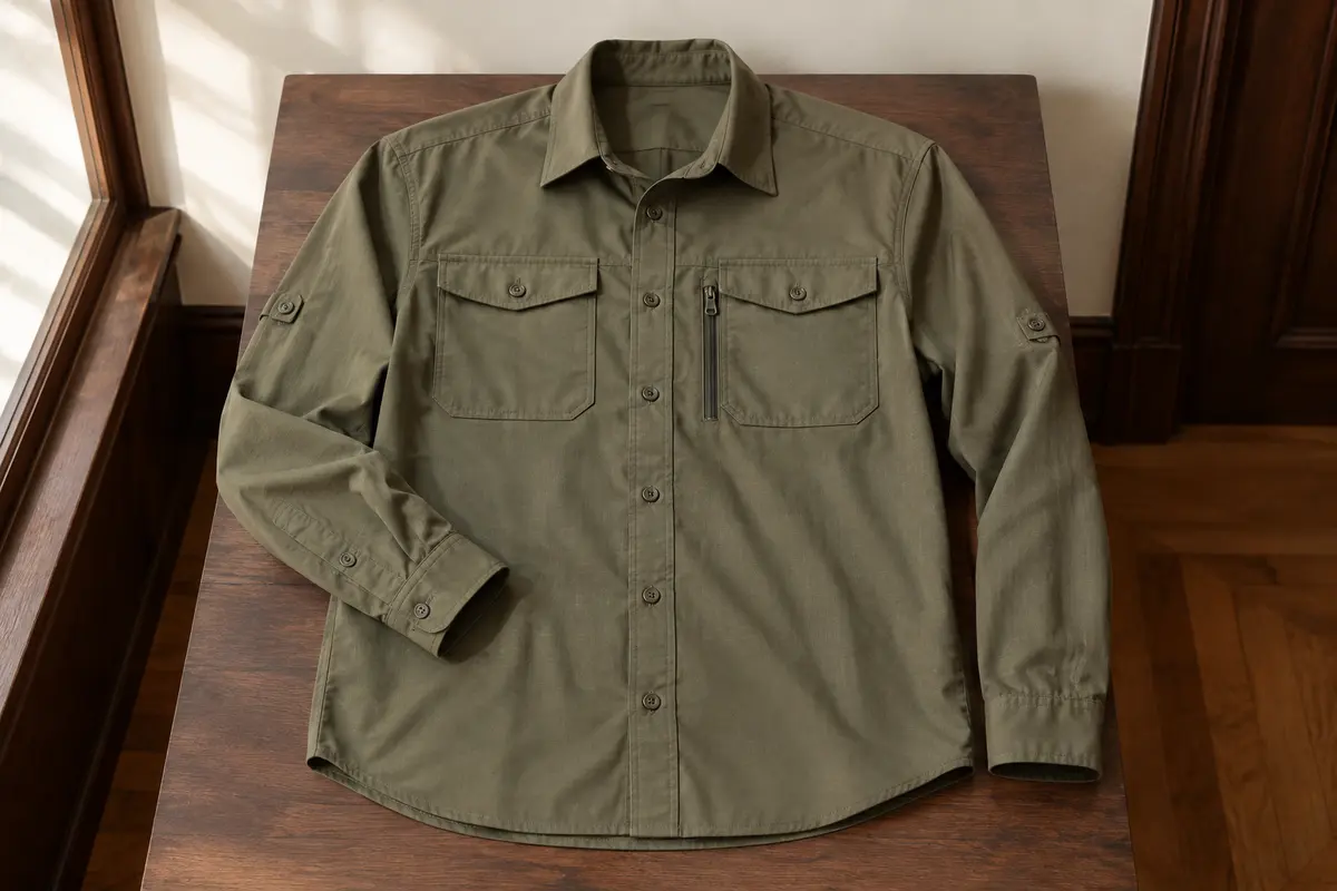 Chemise de randonnée kaki à manches longues avec poches poitrine et détails de fermeture