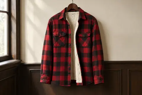 Surchemise homme à carreaux Buffalo rouges en flanelle, avec doublure sherpa visible à l’intérieur.