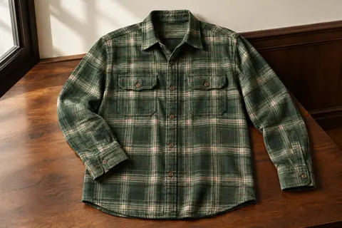 Chemise homme à carreaux verts en flanelle, présentée à plat avec ses deux poches poitrine boutonnées.