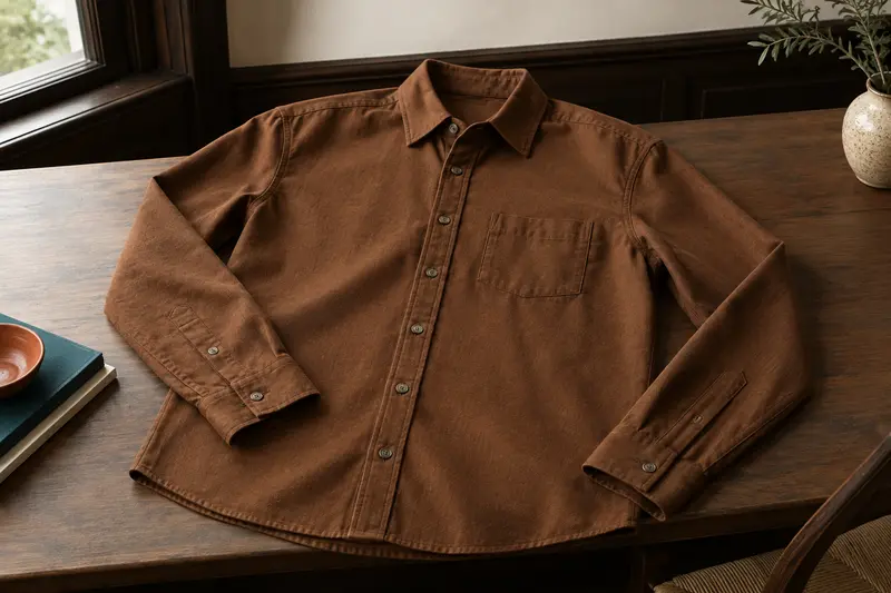 Chemise brun tabac présentée à plat, avec ses boutons et ses détails de tissu visibles